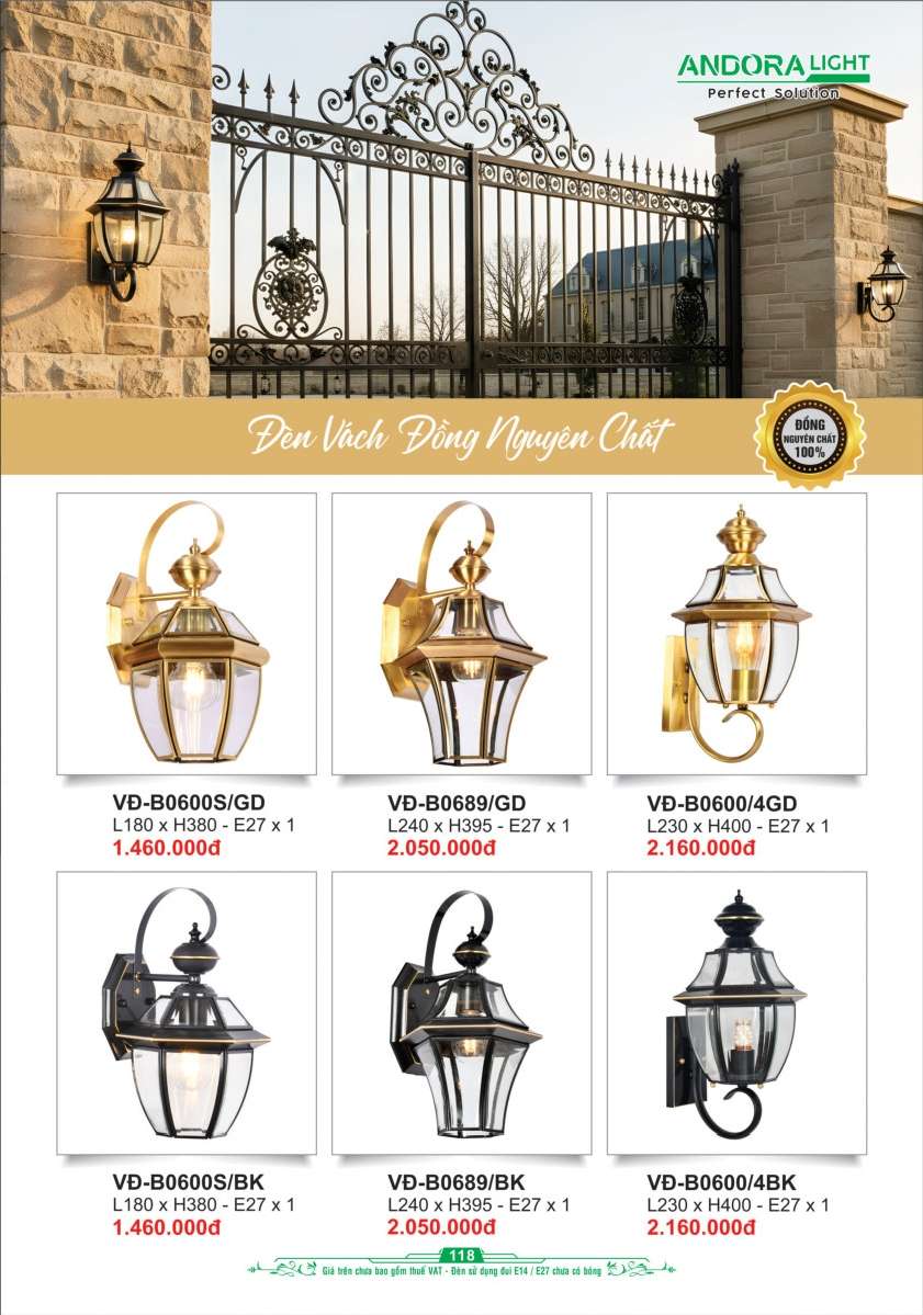 Đèn vách đồng nguyên chất Andora Light VĐ-B0600S/GD, VĐ-B0689/GD, VĐ-B0600/4GD, VĐ-B0600S/BK, VĐ-B0689/BK, VĐ-B0600/4BK