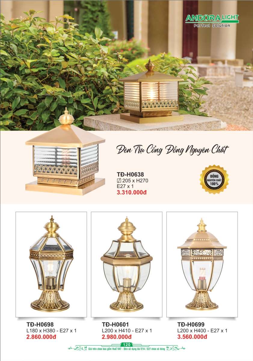 Đèn trụ cổng đồng nguyên chất Andora Light TĐ-H0638, TĐ-H0698, TĐ-H0601, TĐ-H0699