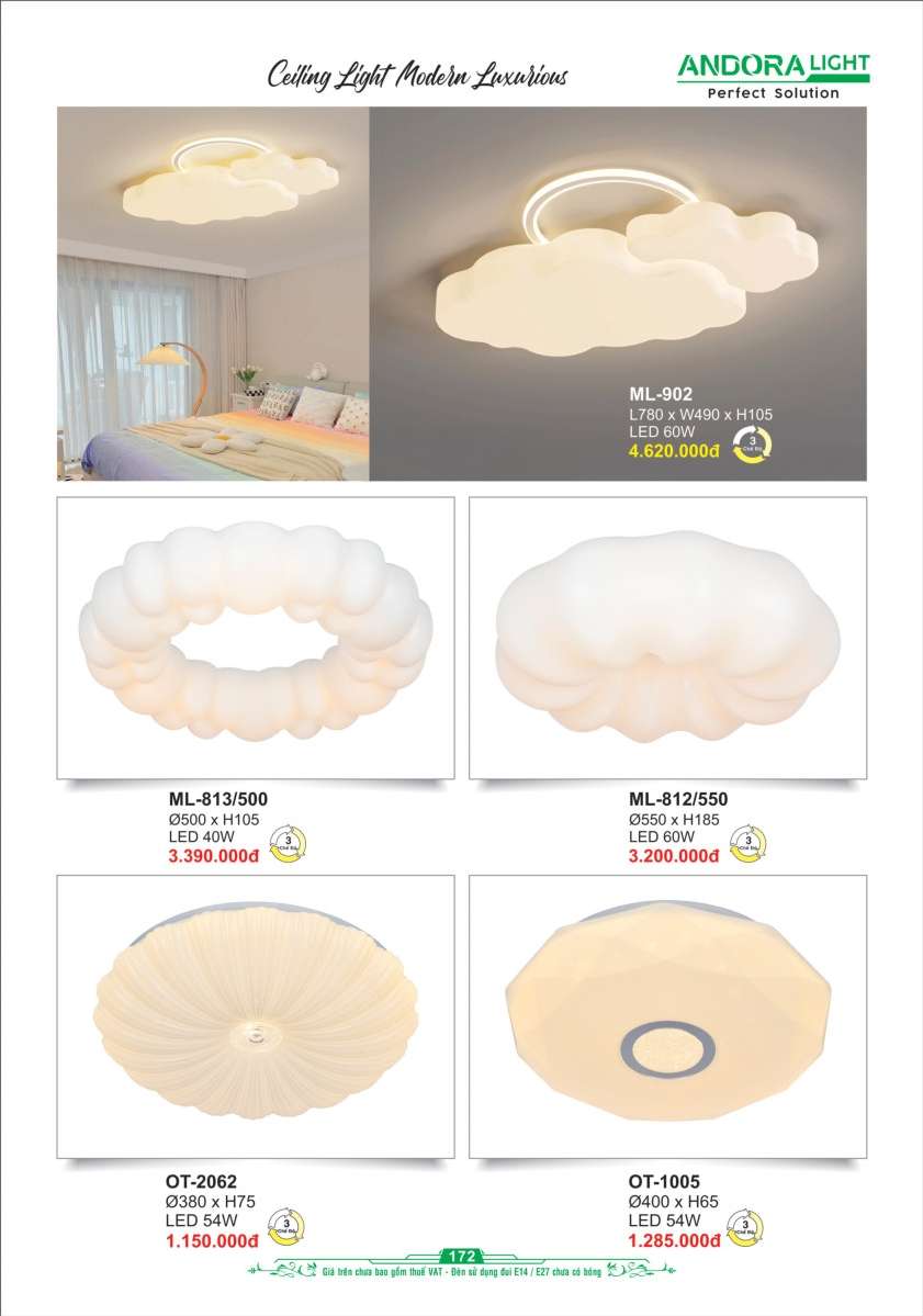 Đèn ốp trần Andora Light ML-813/500, ML-812/550, OT-2062, OT-1005