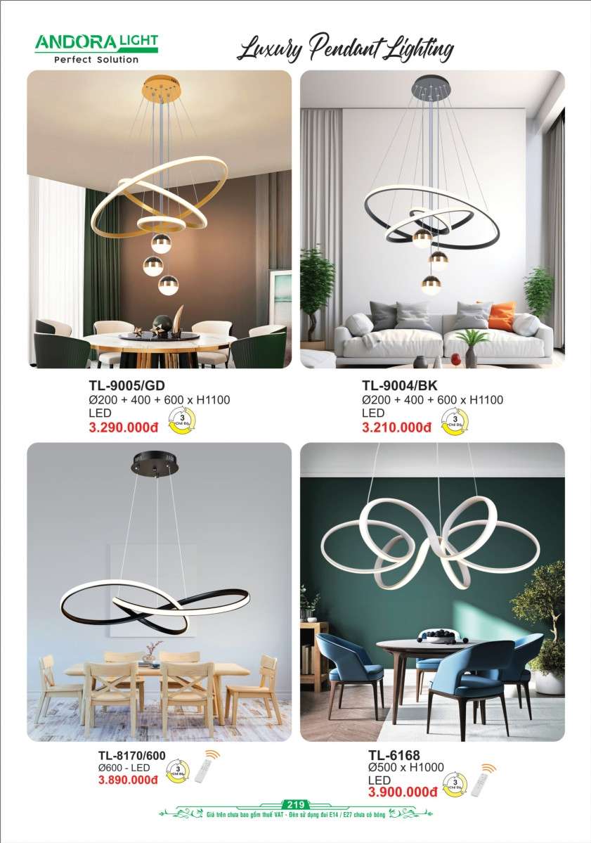 Đèn thả Andora Light TL-9005/GD, TL-9004/BK, TL-8170/600, TL-6168