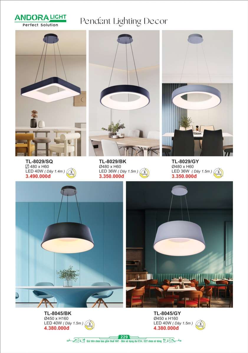 Đèn thả Andora Light TL-8029/SQ, TL-8029/BK, TL-8029/GY, TL-8045/BK, TL-8045/GY