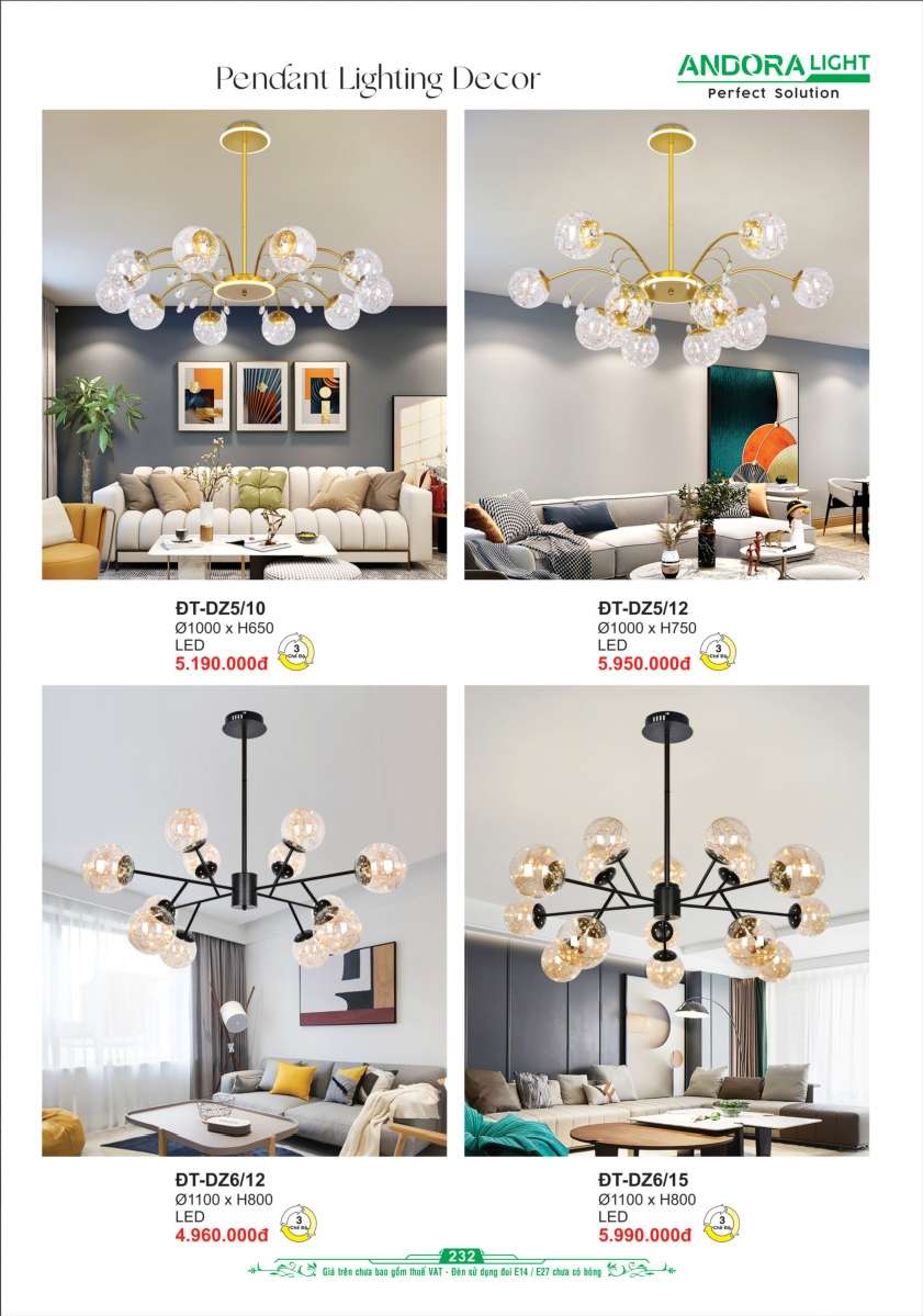 Đèn thả Andora Light ĐT-DZ5/10, ĐT-DZ5/12, ĐT-DZ6/12, ĐT-DZ6/16