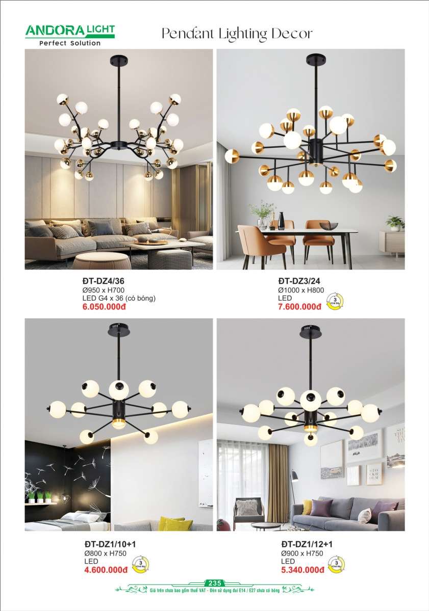 Đèn thả Andora Light ĐT-DZ4/36, ĐT-DZ3/24, ĐT-DZ1/10+1, ĐT-DZ1/12+1