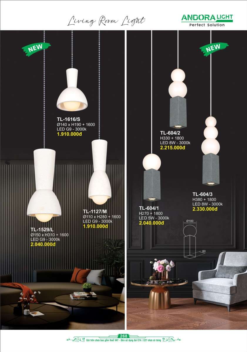 Đèn thả Andora Light TL-1529/L, TL-1616/S, TL-1127/M, TL-604/1, TL-604/2, TL-604/3