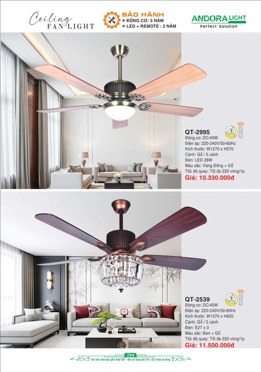 Quạt đèn trần Andora Light QT-2995, QT-2539
