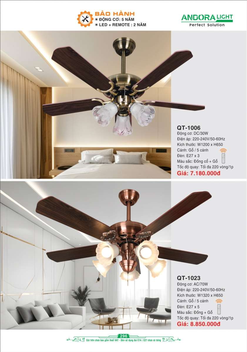 Quạt đèn trần Andora Light QT-1006, QT-1023