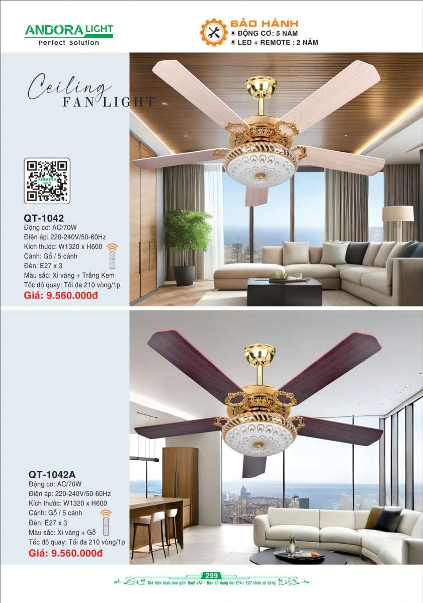 Quạt đèn trần Andora Light QT-1042, QT-1042A