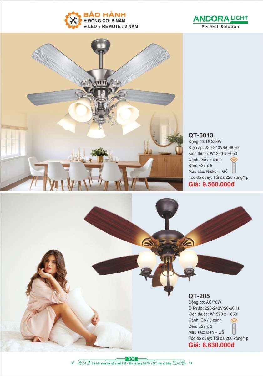Quạt đèn trần Andora Light QT-5013, QT-205