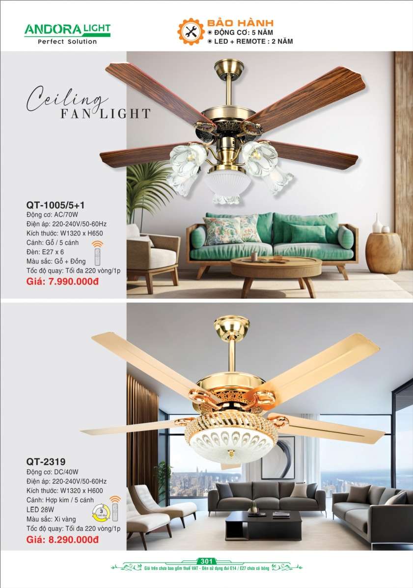 Quạt đèn trần Andora Light QT-1005/5+1, QT-2319