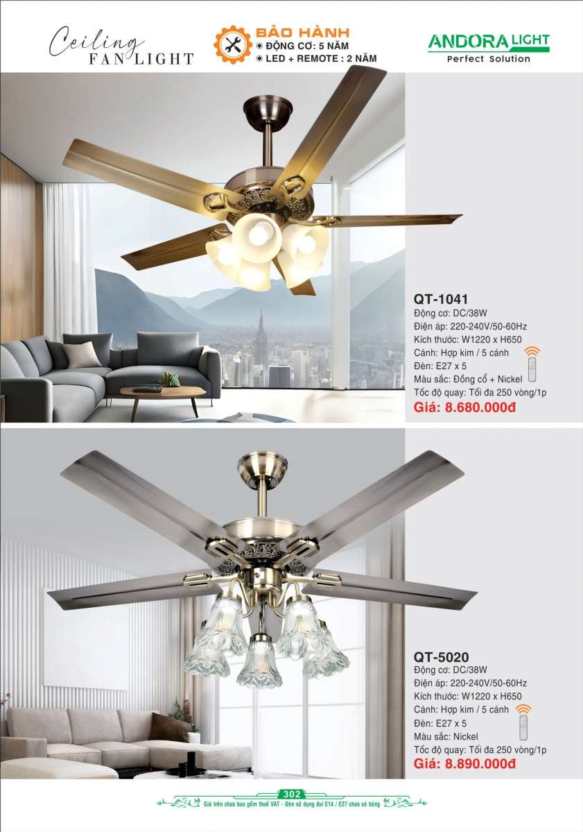 Quạt đèn trần Andora Light QT-1041, QT-5020
