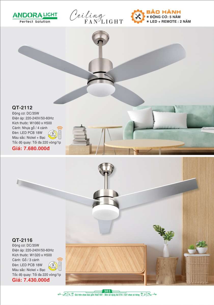Quạt đèn trần Andora Light QT-2112, QT-2116