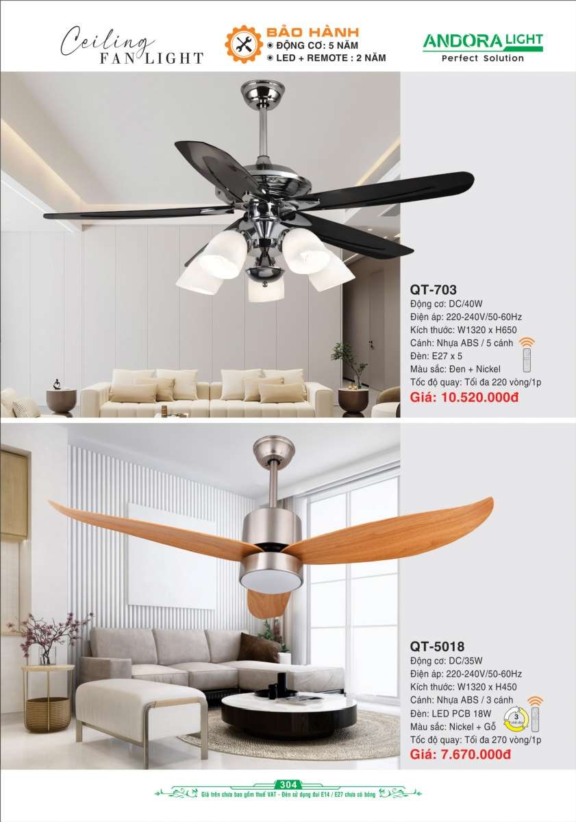 Quạt đèn trần Andora Light QT-703, QT-5018