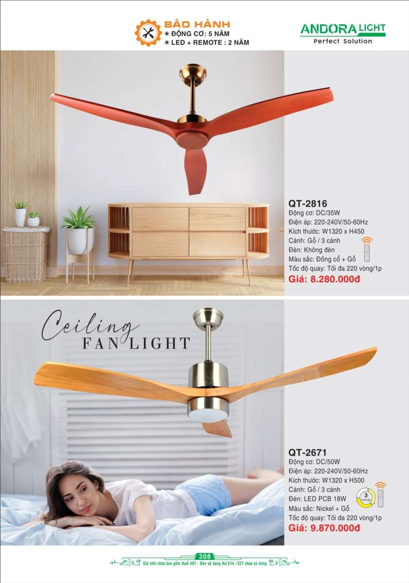 Quạt đèn trần Andora Light QT-2816, QT-2671