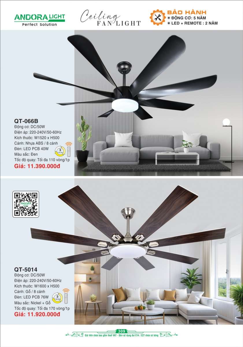 Quạt đèn trần Andora Light QT-066B, QT-5014