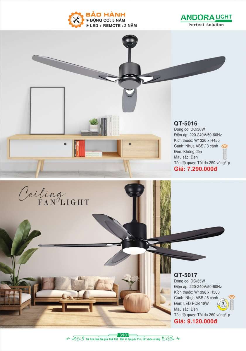 Quạt đèn trần Andora Light QT-5016, QT-5017