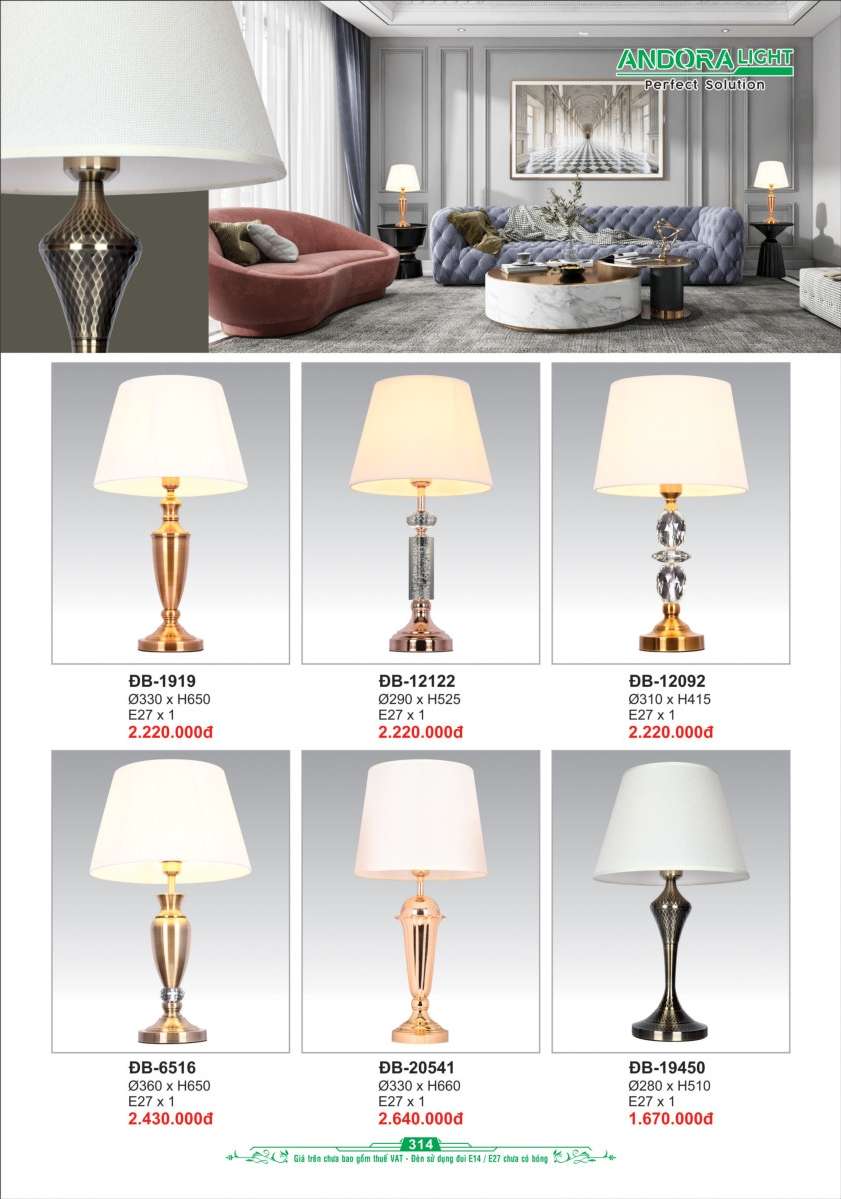 Đèn bàn Andora Light ĐB-1919, ĐB-12122, ĐB-12092, ĐB-6516, ĐB-20541, ĐB-19450