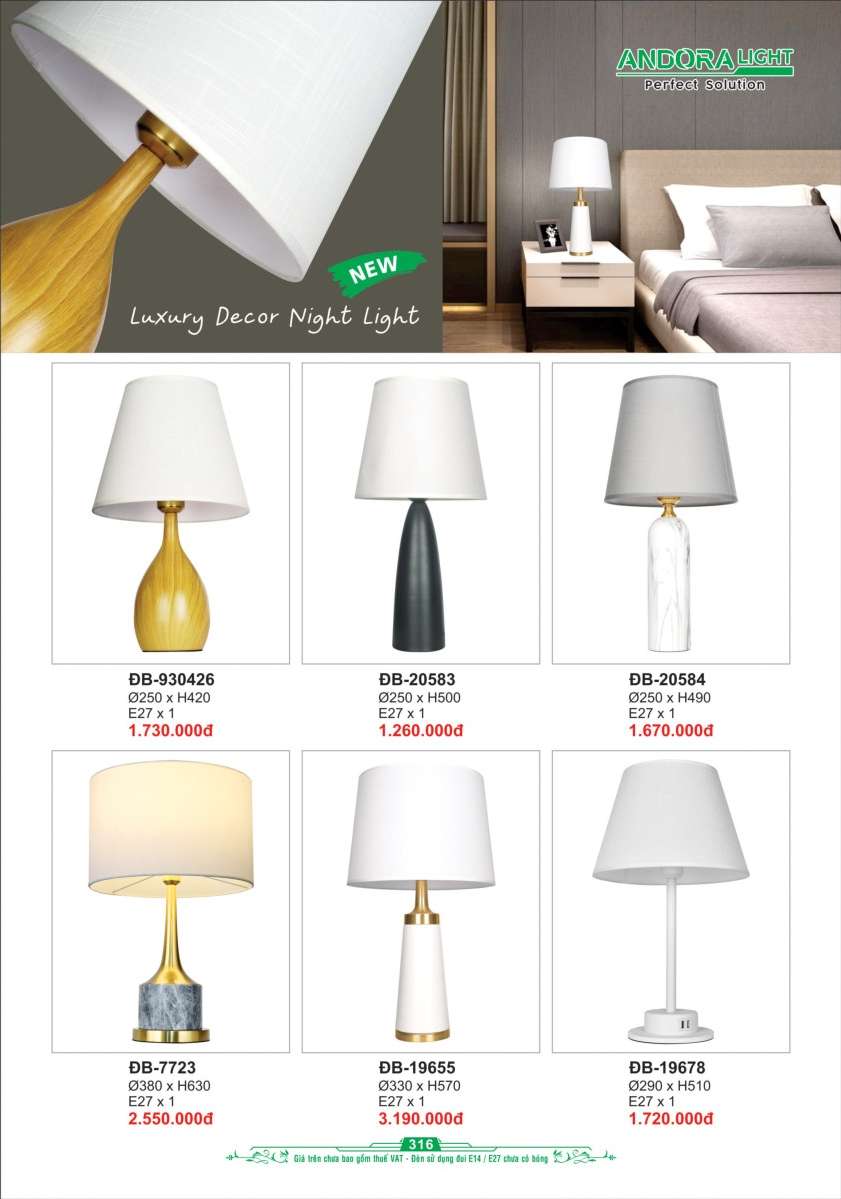 Đèn bàn Andora Light ĐB-3196, ĐB-930424, ĐB-20583, ĐB-20584, ĐB-7723, ĐB-19655, ĐB-19678