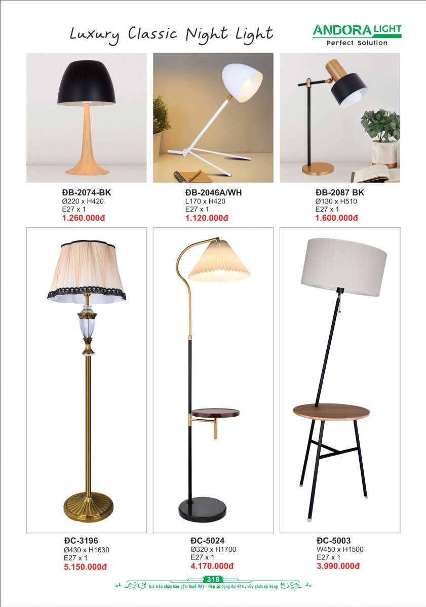 Đèn bàn Andora Light ĐB-2074-BK, ĐB-2046A/WH, ĐB-2087 BK, ĐC-3196, ĐC-5024, ĐC-5003