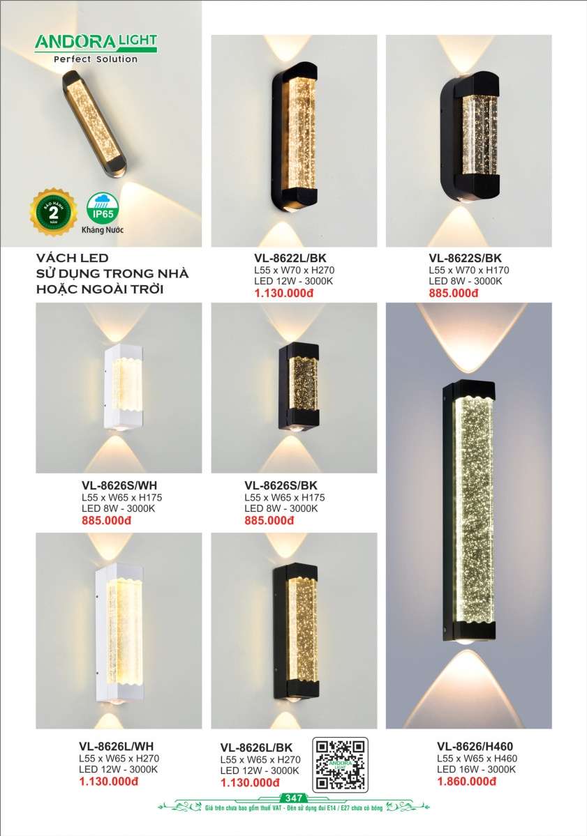Đèn vách Andora Light VL-8622L, VL-8622S, VL-8626S, VL-8626L, VL-8626