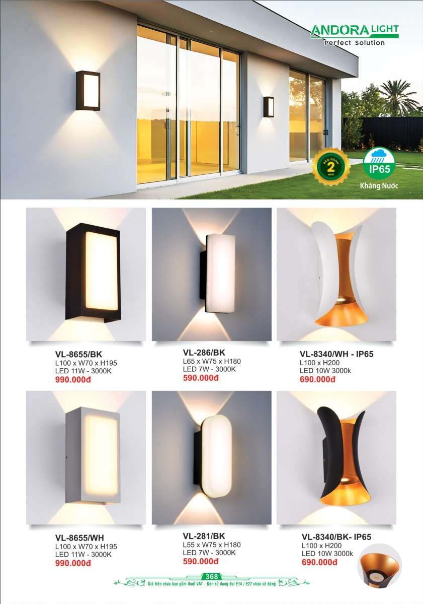 Đèn vách Andora Light VL-8655/BK, VL-286/BK, VL-8340/WH, VL-8655/WH, VL-281/BK, VL-8340/BK