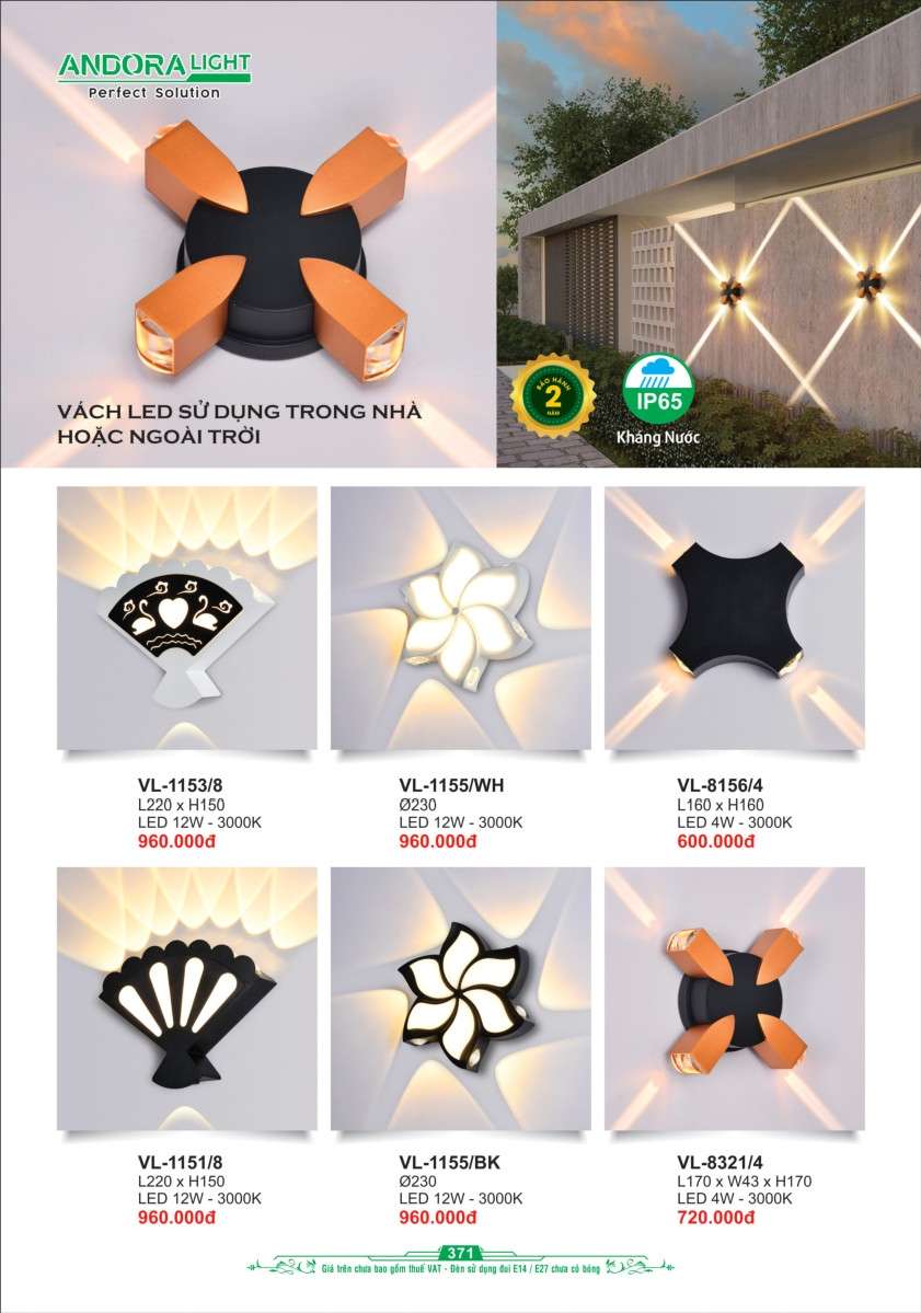 Đèn vách Andora Light VL-1153/8, VL-1155/WH, VL-8156/4, VL-1151/8, VL-1155/BK, VL-8321/4