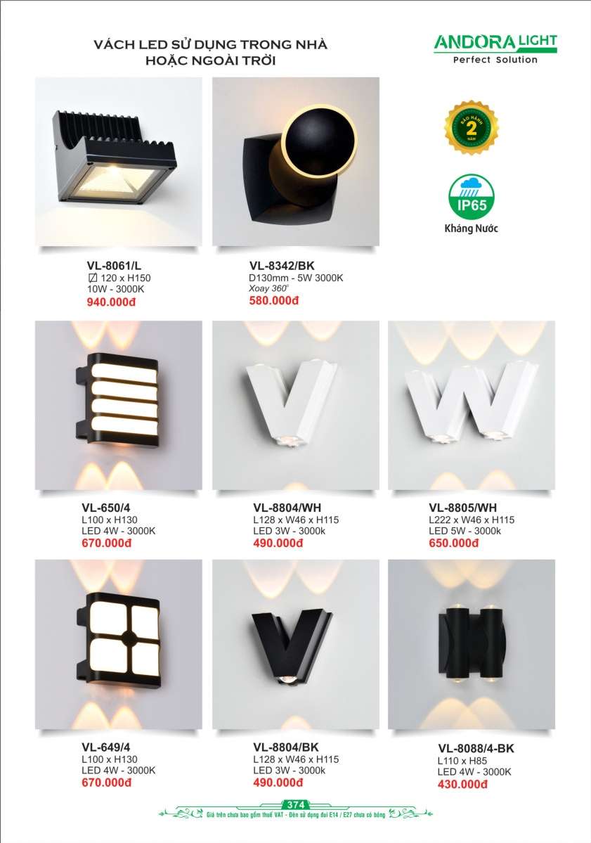 Đèn vách Andora Light VL-8061/L, VL-8342/BK, VL-650/4, VL-8804/WH, VL-8805/WH, VL-649/4, VL-8804/BK, VL-8088/4-BK