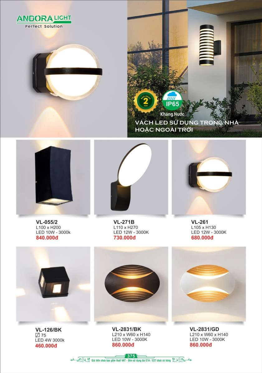 Đèn vách Andora Light VL-055/2, VL-271B, VL-261, VL-126/BK, VL-2831/BK, VL-2831/GD