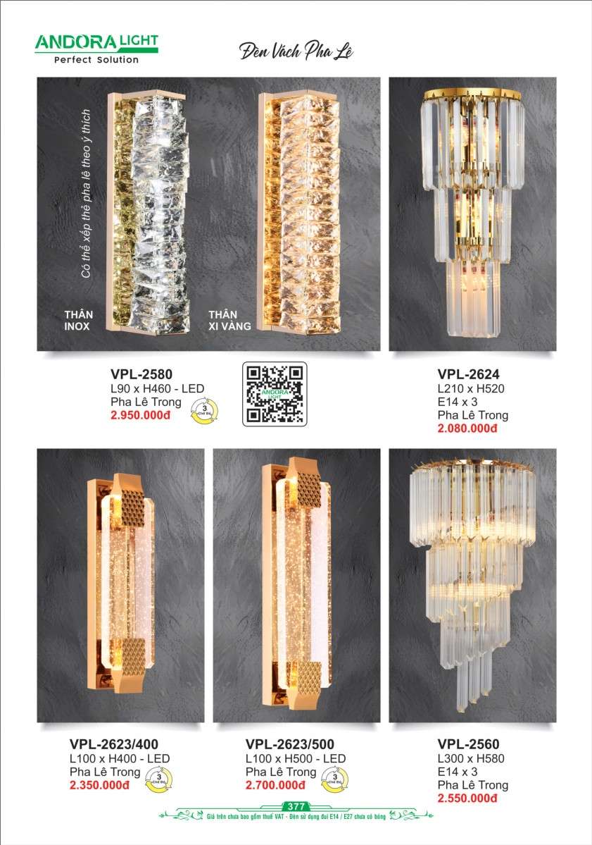 Đèn vách Andora Light VPL-2580, VPL-2624, VPL-2623/400, VPL-2623/500, VPL-2560