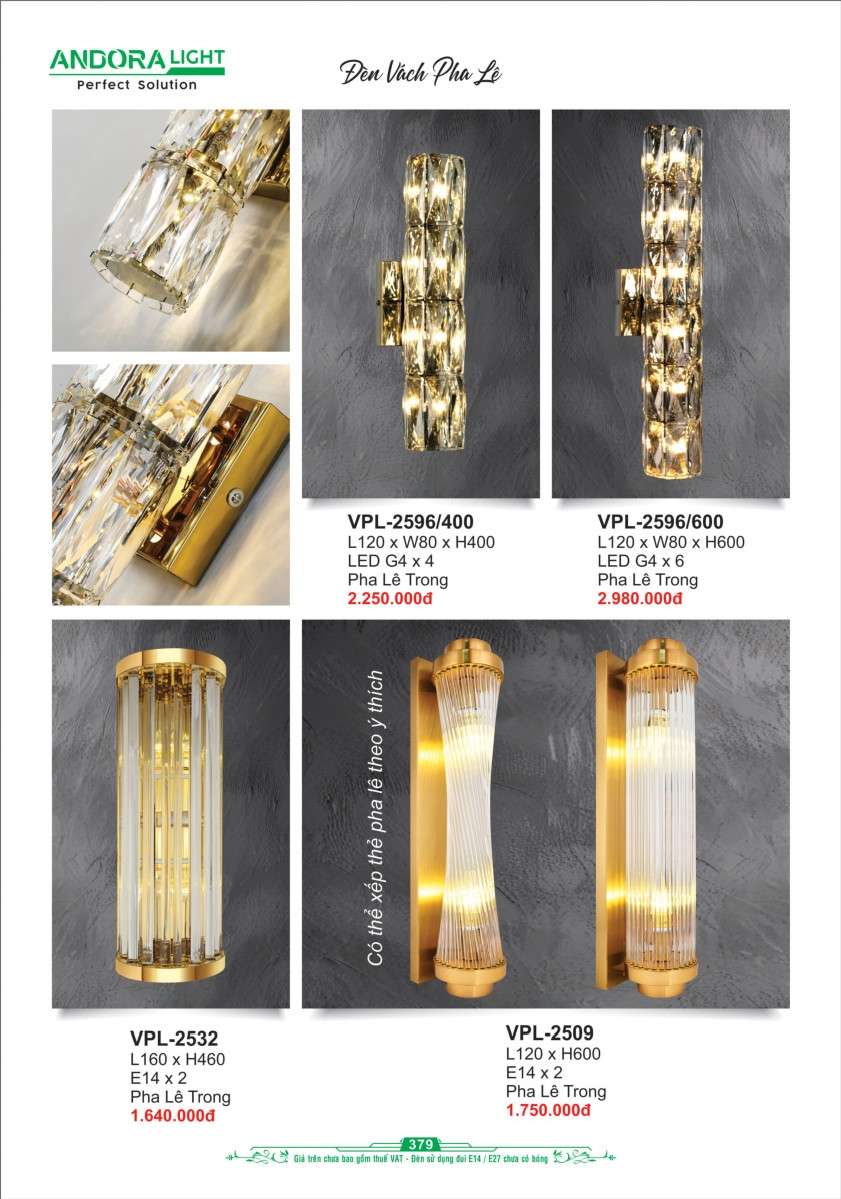 Đèn vách Andora Light VPL-2596/400, VPL-2596/600, VPL-2532, VPL-2509