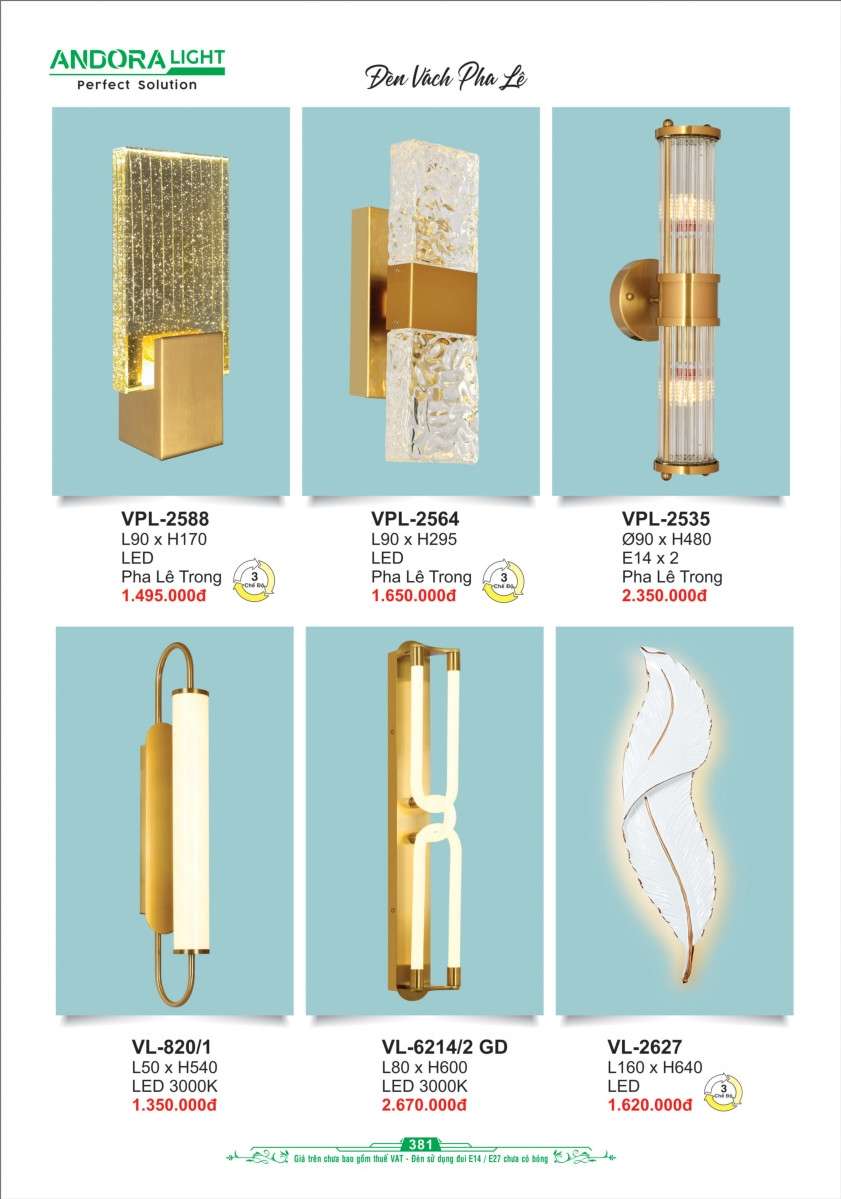 Đèn vách Andora Light VPL-2588, VPL-2564, VPL-2535, VL-820/1, VL-6214/2 GD, VL-2627