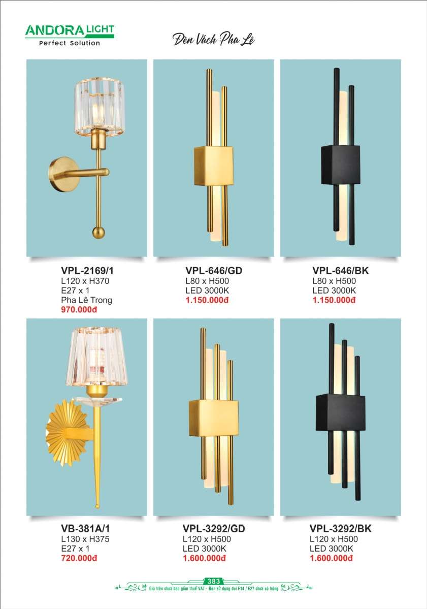 Đèn vách Andora Light VPL-2169/1, VPL-646/GD, VPL-646/BK, VPL-3292/GD, VPL-3292/BK, VB-381A/1
