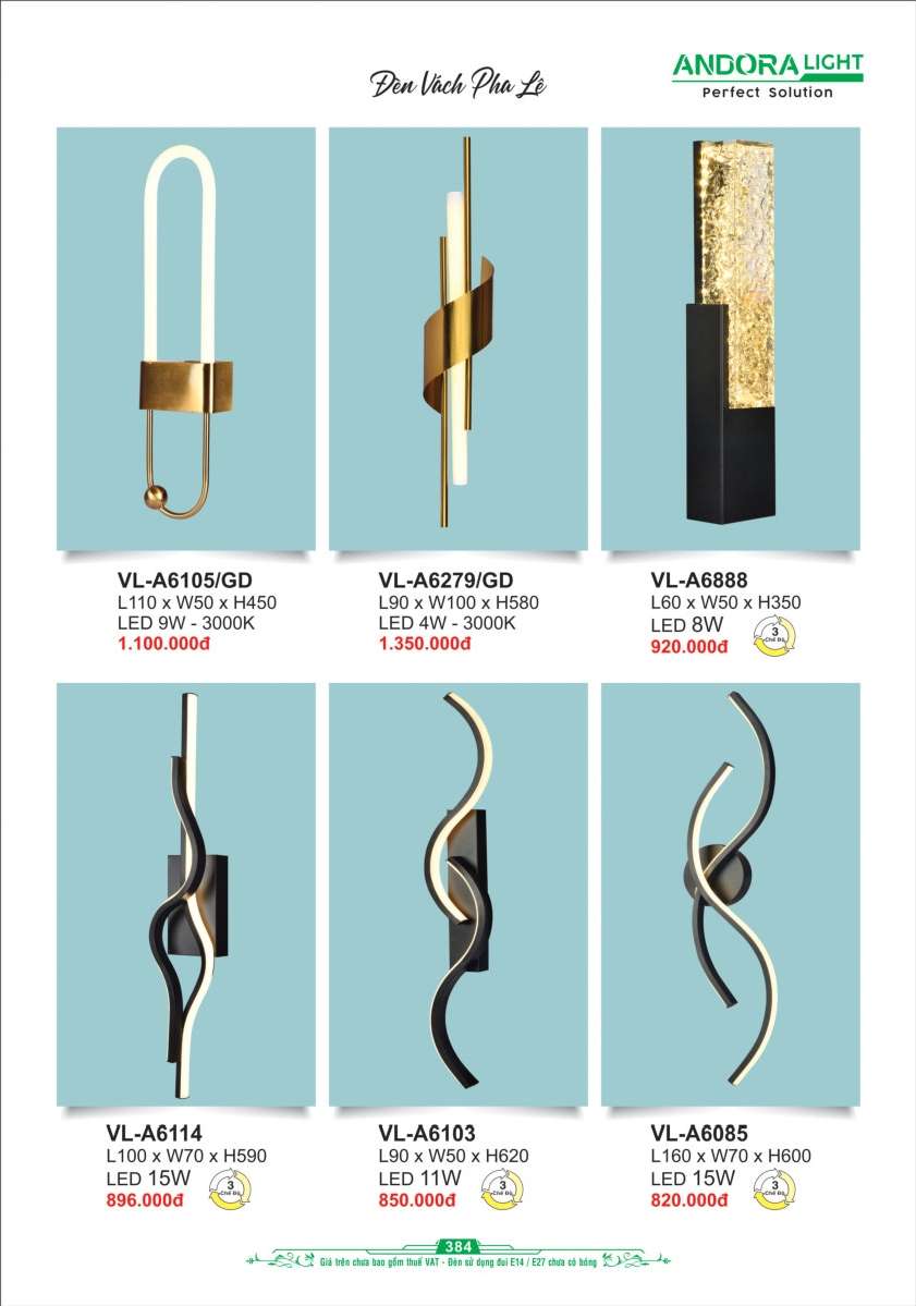 Đèn vách Andora Light VL-A6105/GD, VL-A6279/GD, VL-A6888, VL-A6114, VL-A6103, VL-A6085