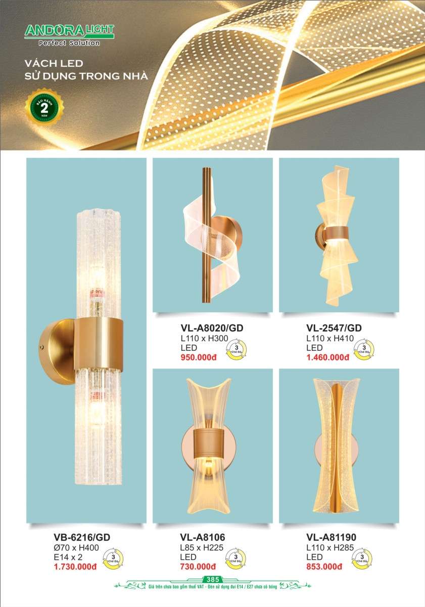 Đèn vách Andora Light VL-A8020/GD, VL-2547/GD, VL-A8106, VL-A81190, VB-6216/GD