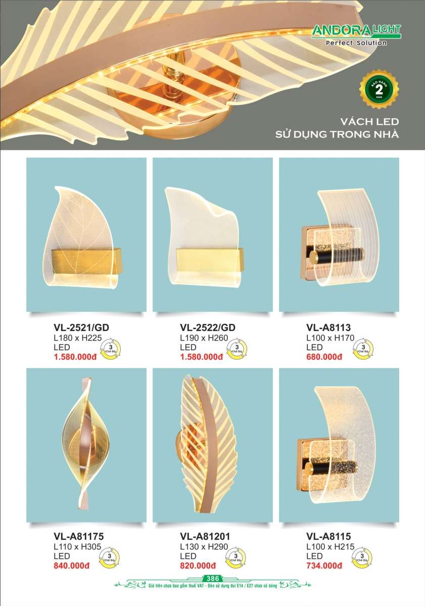 Đèn vách Andora Light VL-2521/GD, VL-2522/GD, VL-A8113, VL-A81175, VL-A81201, VL-A8115
