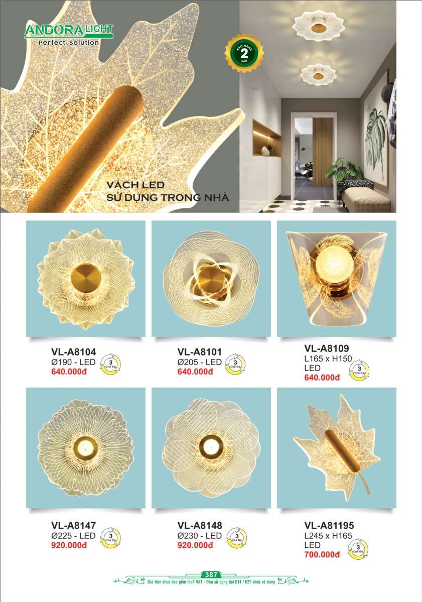 Đèn vách Andora Light VL-A8104, VL-A8101, VL-A8109, VL-A8147, VL-A8148, VL-A81195