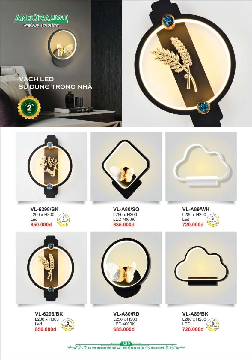 Đèn vách Andora Light VL-6298/BK, VL-A80/SQ, VL-A89/WH, VL-6296/BK, VL-A80/RD, VL-A89/BK