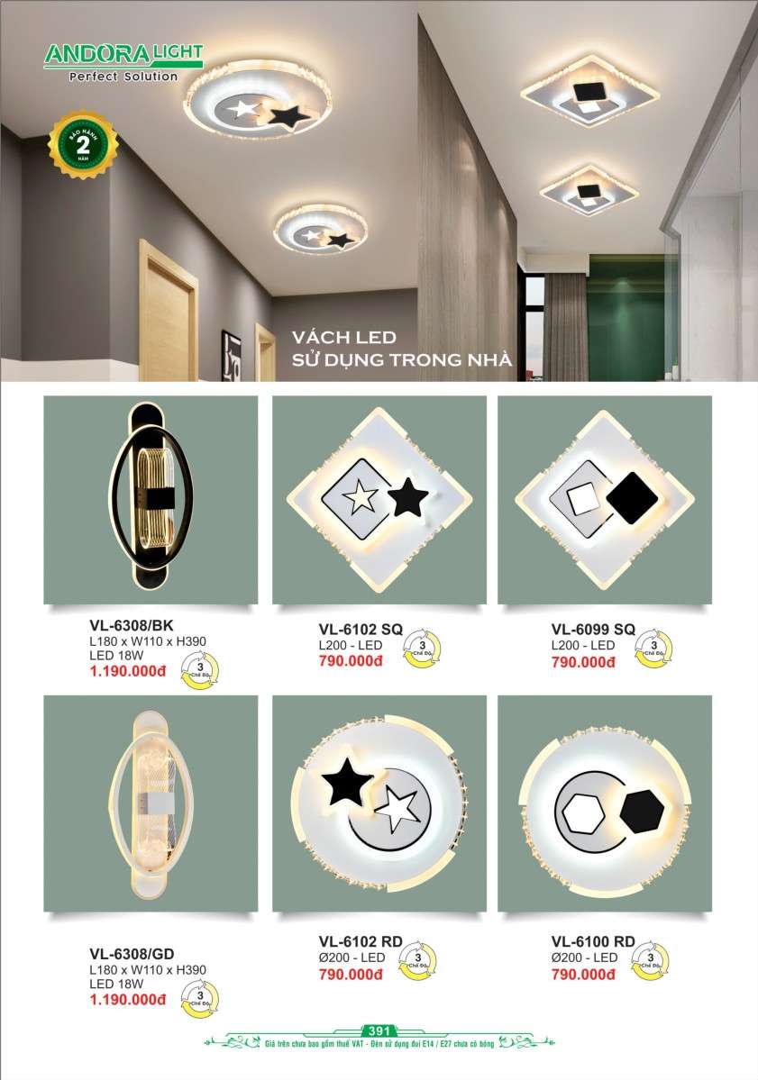 Đèn vách Andora Light VL-6308/BK, VL-6102 SQ, VL-6099 SQ, VL-6308/GD, VL-6102 RD, VL-6100 RD