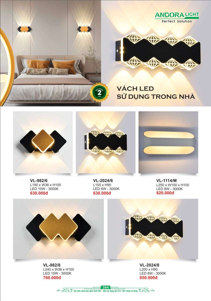 Đèn vách Andora Light VL-982/6, VL-2024/6, VL-1114/M, VL-982/8, VL-2024/8