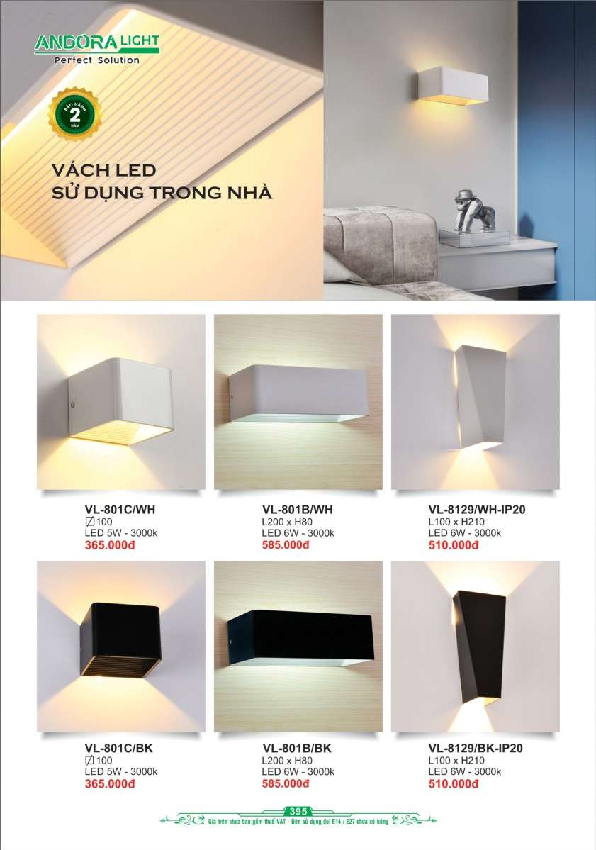 Đèn vách Andora Light VL-801C/WH, VL-801B/WH, VL-8129/WH-IP20, VL-801C/BK, VL-801B/BK, VL-8129/BK-IP20