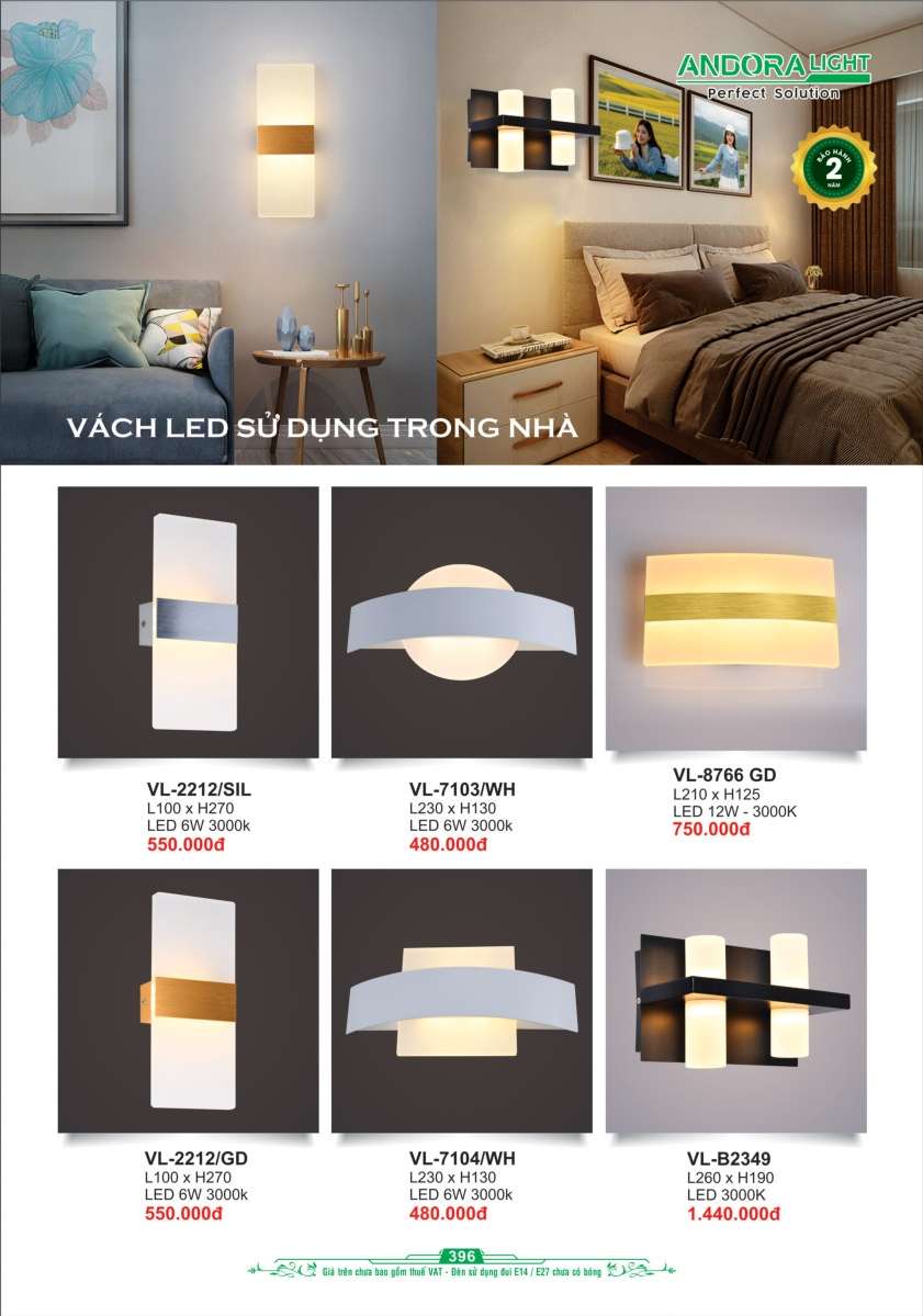 Đèn vách Andora Light VL-2212/SIL, VL-7103/WH, VL-8766 GD, VL-2212/GD, VL-7104/WH, VL-B2349
