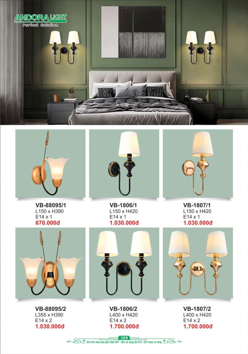 Đèn vách Andora Light VB-88095/1, VB-1806/1, VB-1807/1, VB-88095/2, VB-1806/2, VB-1807/2