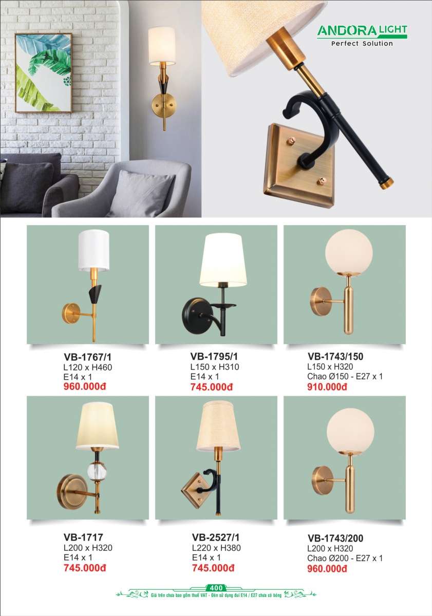 Đèn vách Andora Light VB-1767/1, VB-1795/1, VB-1743/150, VB-1717, VB-2527/1, VB-1743/200