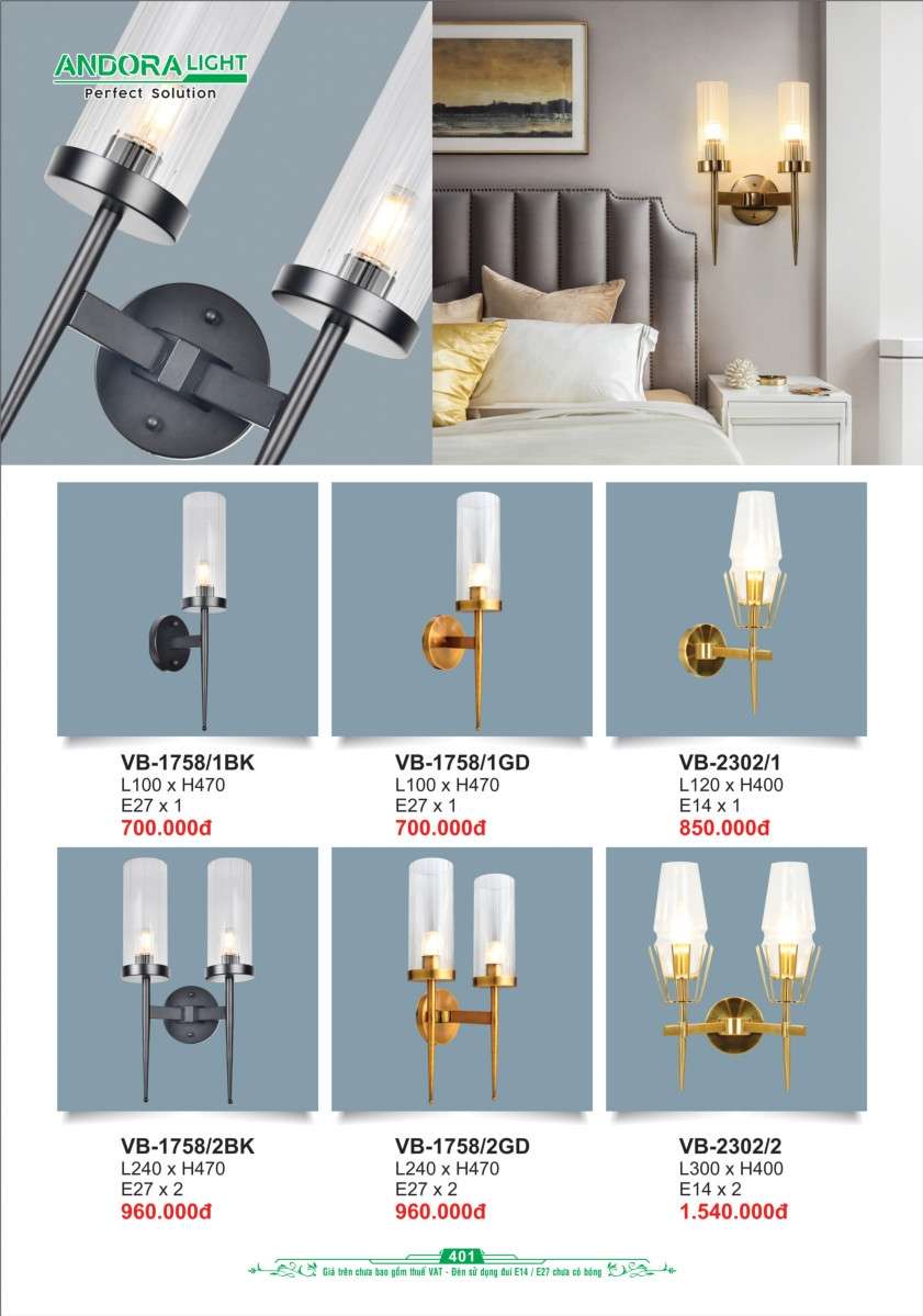 Đèn vách Andora Light VB-1758/1BK, VB-1758/1GD, VB-2302/1, VB-1758/2BK, VB-1758/2GD, VB-2302/2