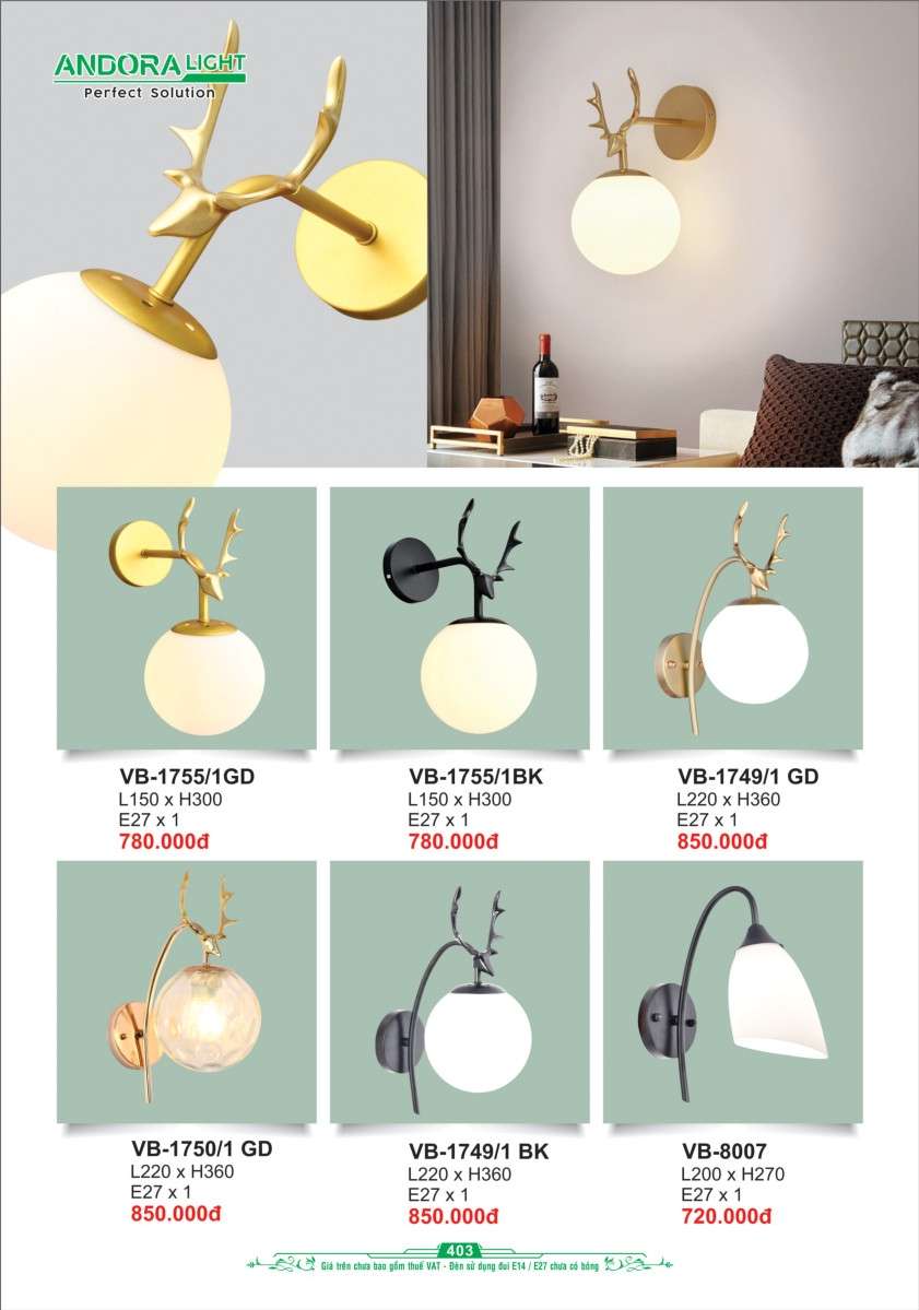Đèn vách Andora Light VB-1755/1GD, VB-1755/1BK, VB-1749/1GD, VB-1750/1GD, VB-1749/1BK, VB-8007