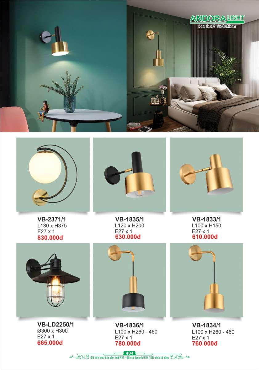 Đèn vách Andora Light VB-2371/1, VB-1835/1, VB-1833/1, VB-LD2250/1, VB-1836/1, VB-1834/1
