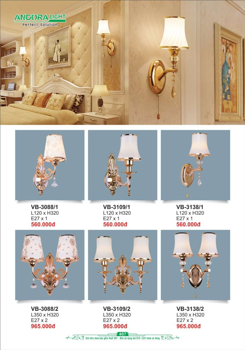Đèn vách Andora Light VB-3088/1, VB-3109/1, VB-3138/1, VB-3088/2, VB-3109/2, VB-3138/2