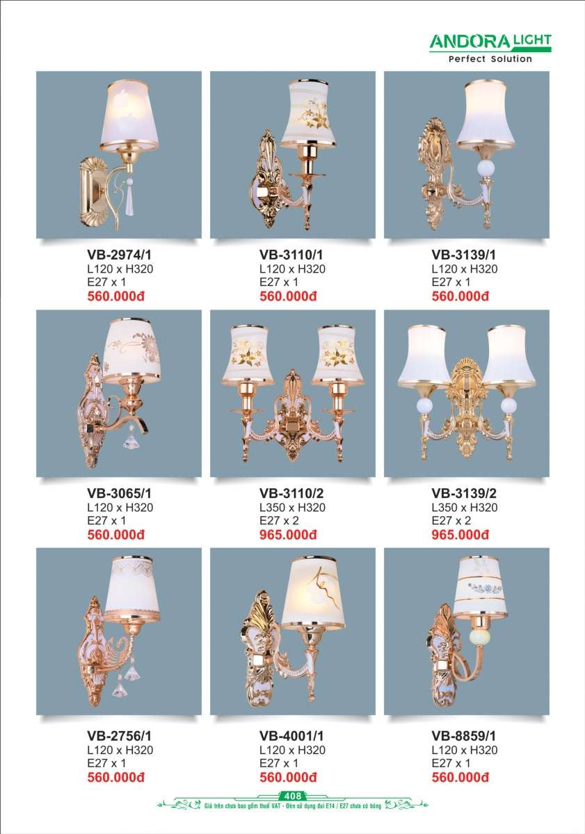 Đèn vách Andora Light VB-2974/1, VB-3110/1, VB-3139/1, VB-3065/1, VB-3110/2, VB-3139/2, VB-2756/1, VB-4001/1, VB-8859/1