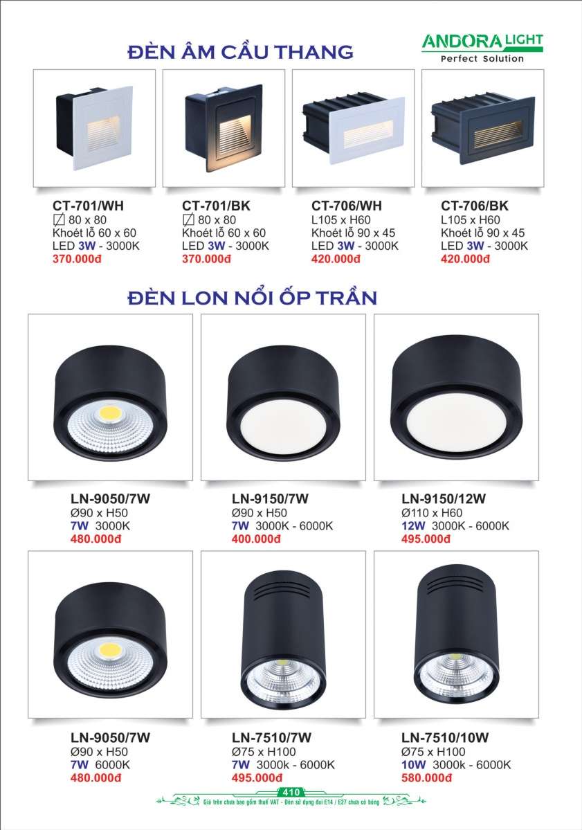Đèn âm cầu thang, đèn lon lắp nổi Andora Light CT-701, CT-706, LN-9050, LN-7510