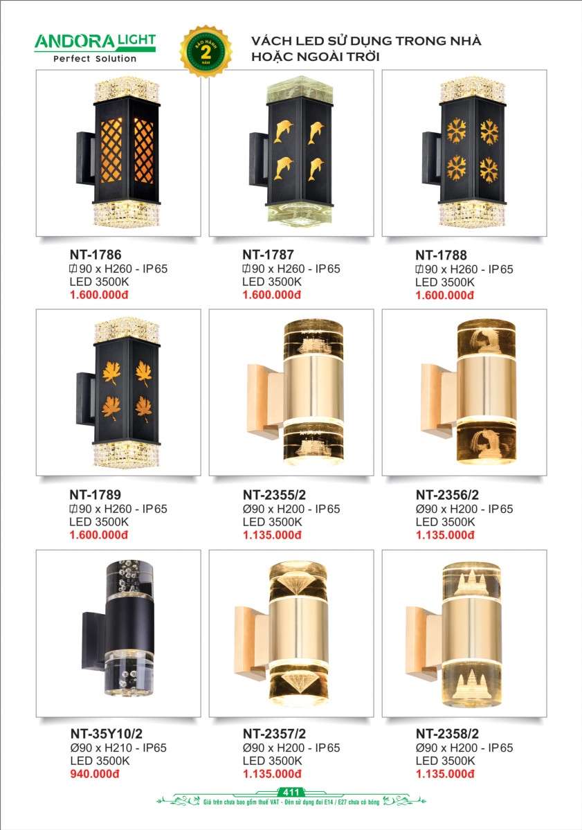Đèn vách Andora Light NT-1786, NT-1787, NT-1788, NT-1789, NT-2355/2, NT-2356/2, NT-35Y10/2, NT-2357/2, NT-2358/2