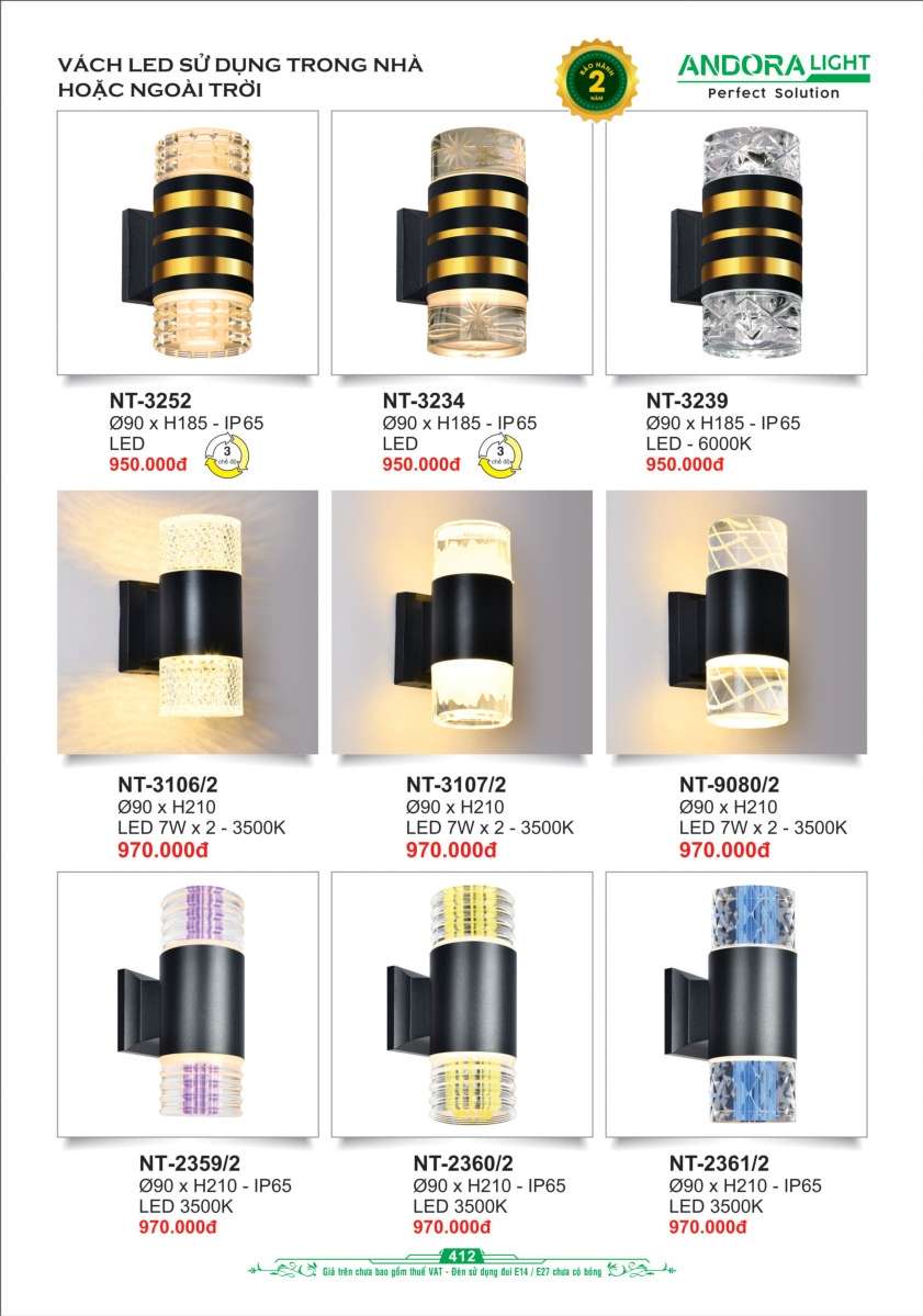 Đèn vách Andora Light NT-3252, NT-3234, NT-3239, NT-3106/2, NT-3107/2, NT-9080/2, NT-2359/2, NT-2360/2, NT-2361/2